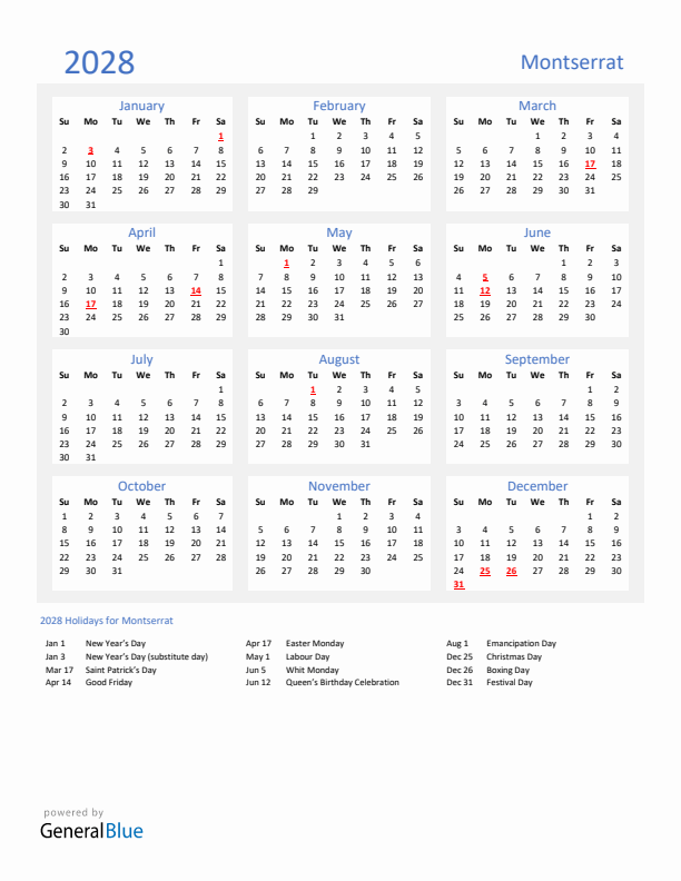 Basic Yearly Calendar with Holidays in Montserrat for 2028 