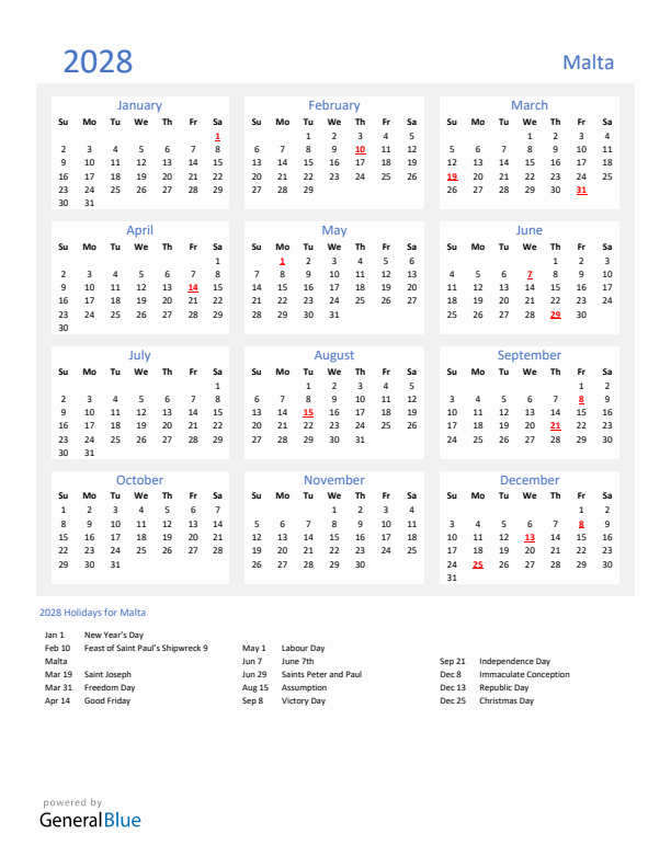 Basic Yearly Calendar with Holidays in Malta for 2028
