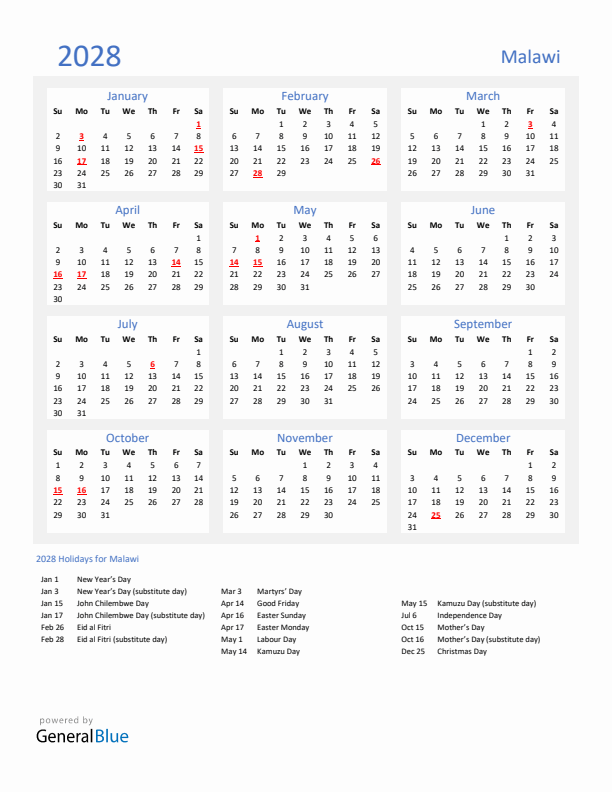 Basic Yearly Calendar with Holidays in Malawi for 2028