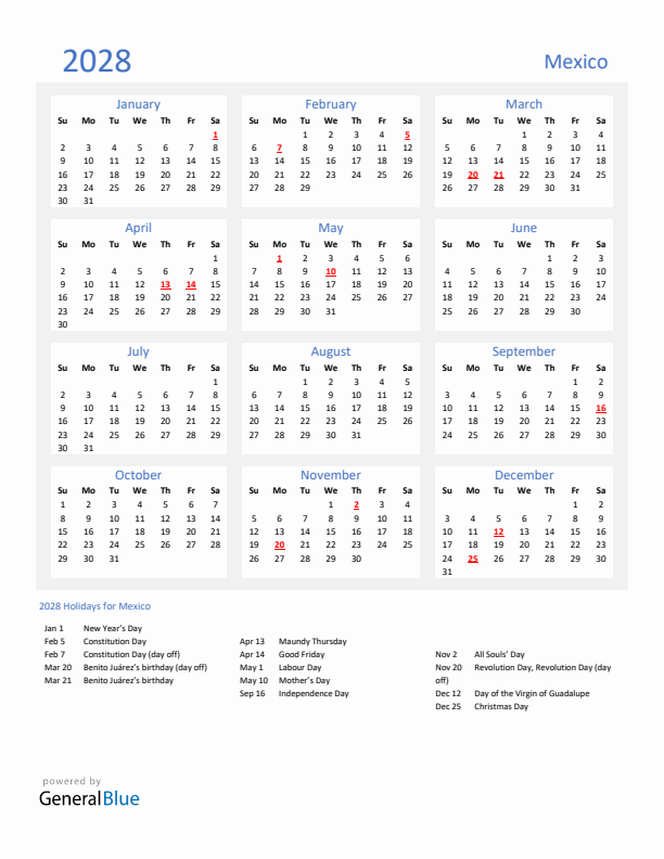 Basic Yearly Calendar with Holidays in Mexico for 2028
