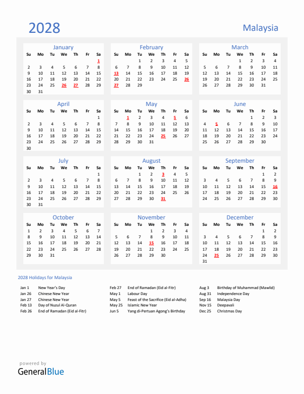 Basic Yearly Calendar with Holidays in Malaysia for 2028 