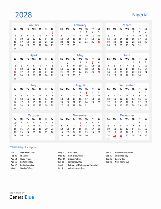 Basic Yearly Calendar with Holidays in Nigeria for 2028 