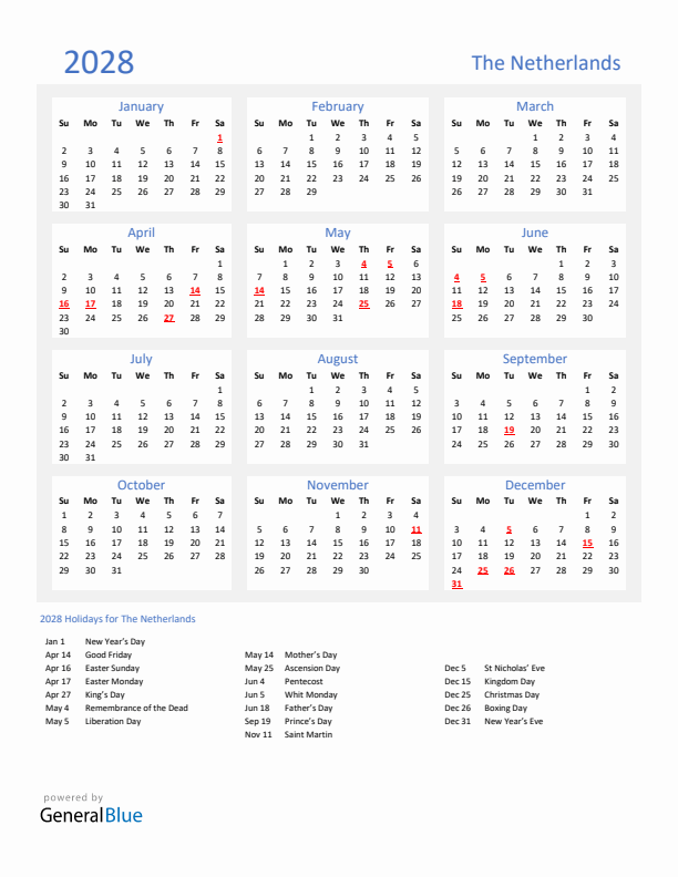 Basic Yearly Calendar with Holidays in The Netherlands for 2028