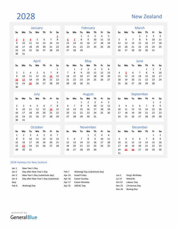 Basic Yearly Calendar with Holidays in New Zealand for 2028