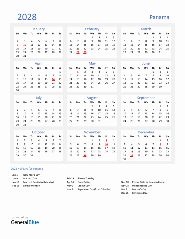 Basic Yearly Calendar with Holidays in Panama for 2028