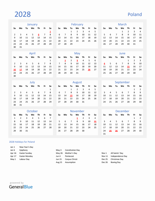 Basic Yearly Calendar with Holidays in Poland for 2028