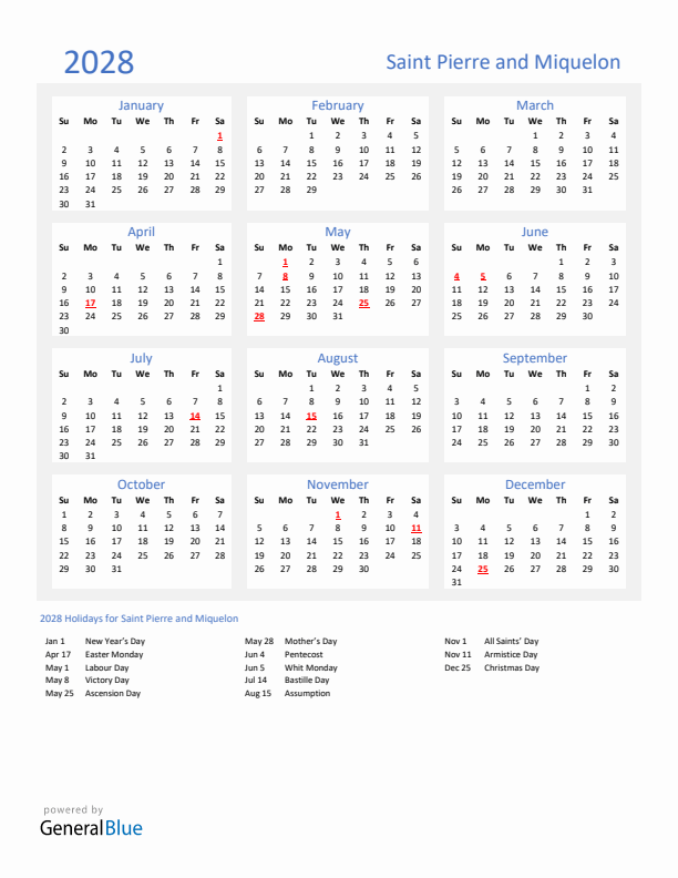 Basic Yearly Calendar with Holidays in Saint Pierre and Miquelon for 2028 