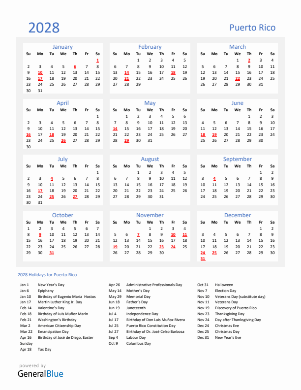 Basic Yearly Calendar with Holidays in Puerto Rico for 2028 