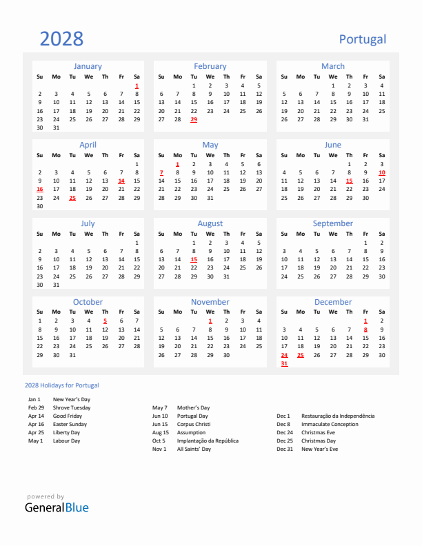 Basic Yearly Calendar with Holidays in Portugal for 2028