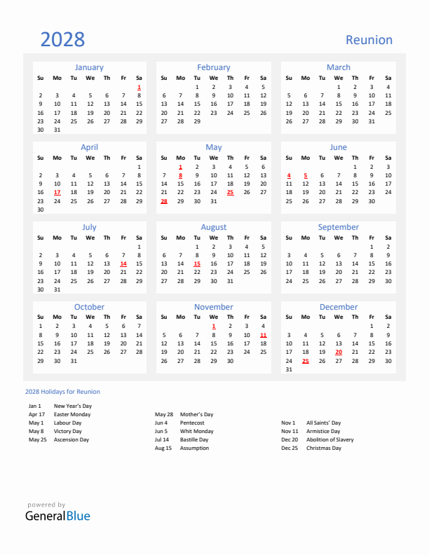 Basic Yearly Calendar with Holidays in Reunion for 2028