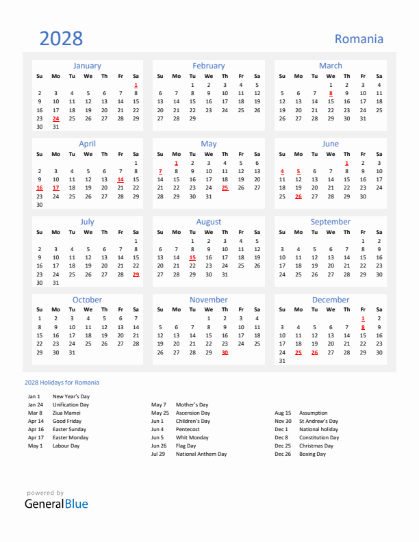 Basic Yearly Calendar with Holidays in Romania for 2028