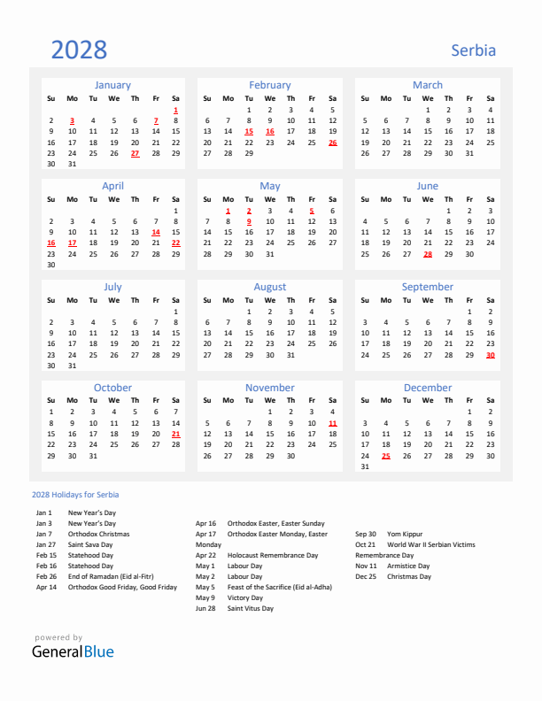 Basic Yearly Calendar with Holidays in Serbia for 2028