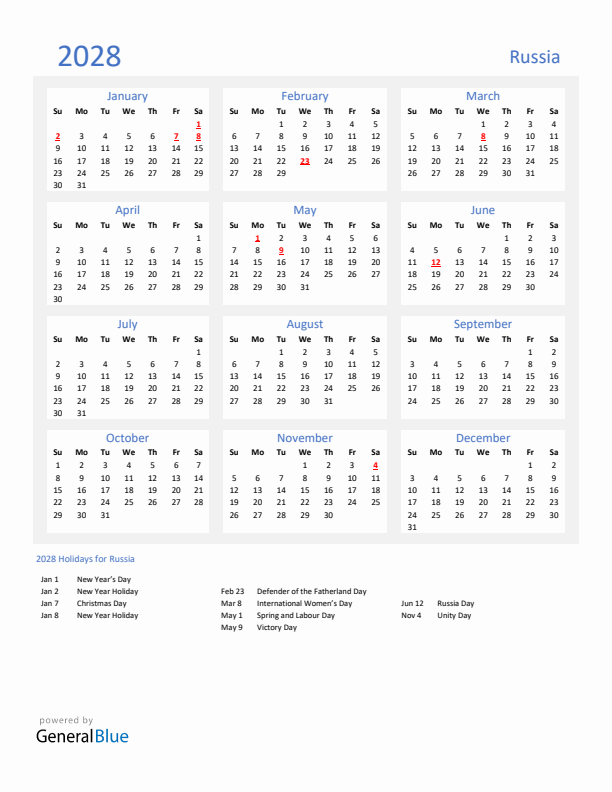 Basic Yearly Calendar with Holidays in Russia for 2028