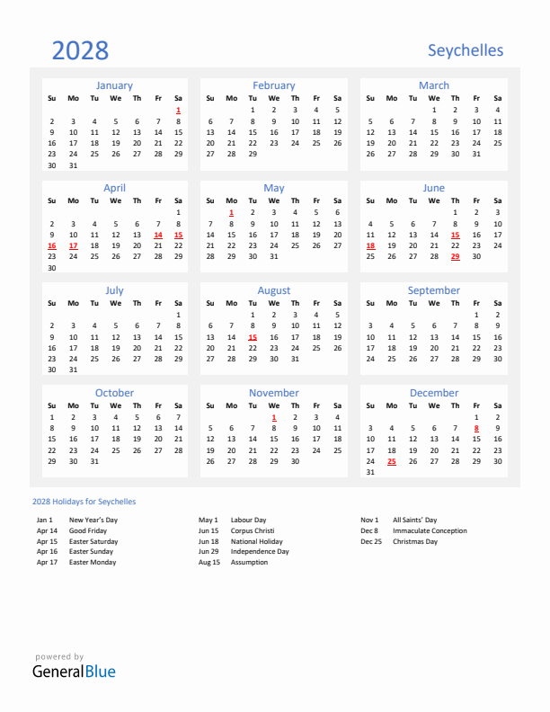 Basic Yearly Calendar with Holidays in Seychelles for 2028 