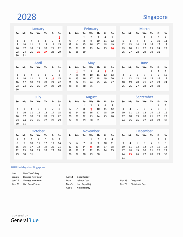Basic Yearly Calendar with Holidays in Singapore for 2028
