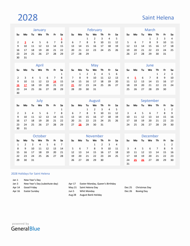 Basic Yearly Calendar with Holidays in Saint Helena for 2028