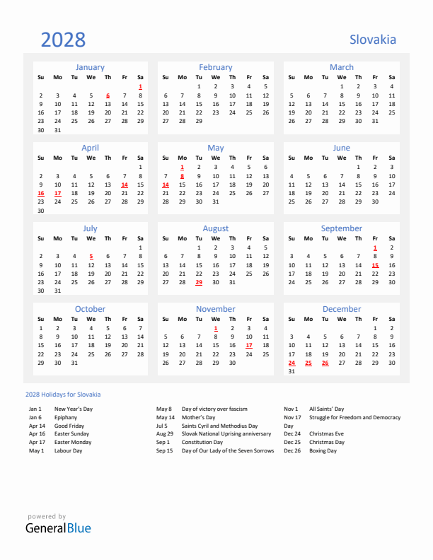 Basic Yearly Calendar with Holidays in Slovakia for 2028