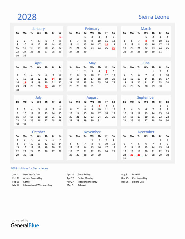 Basic Yearly Calendar with Holidays in Sierra Leone for 2028 