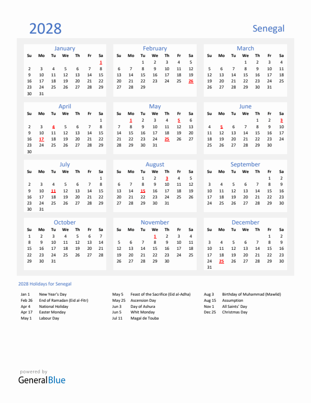 Basic Yearly Calendar with Holidays in Senegal for 2028 