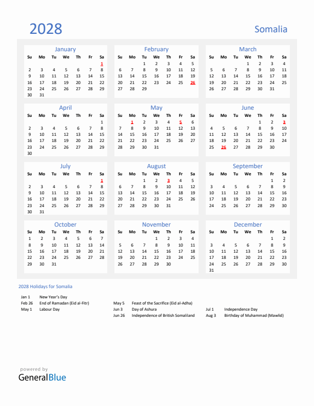 Basic Yearly Calendar with Holidays in Somalia for 2028