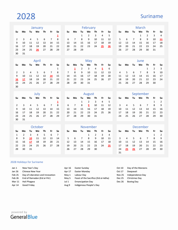 Basic Yearly Calendar with Holidays in Suriname for 2028 