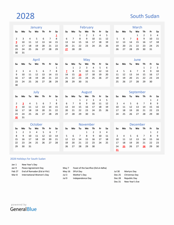 Basic Yearly Calendar with Holidays in South Sudan for 2028