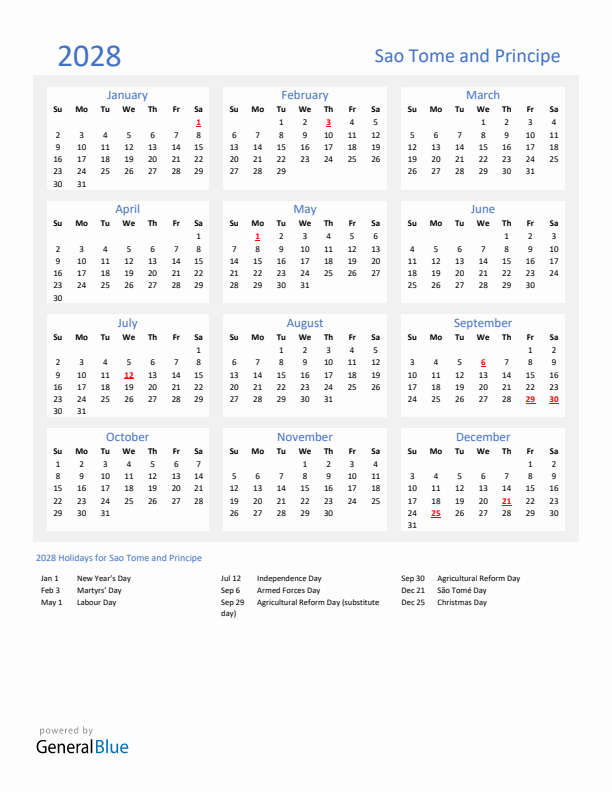 Basic Yearly Calendar with Holidays in Sao Tome and Principe for 2028 