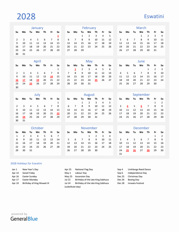 Basic Yearly Calendar with Holidays in Eswatini for 2028 