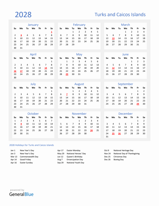 Basic Yearly Calendar with Holidays in Turks and Caicos Islands for 2028 