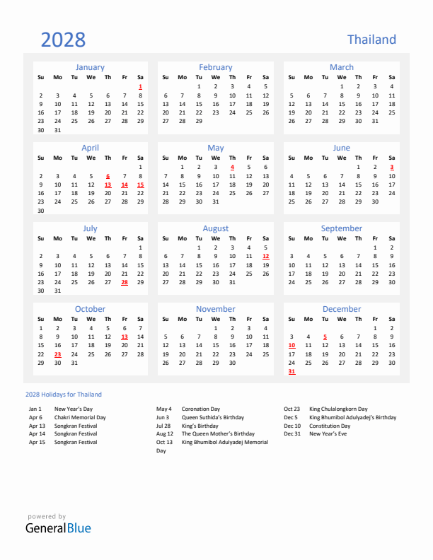 Basic Yearly Calendar with Holidays in Thailand for 2028 