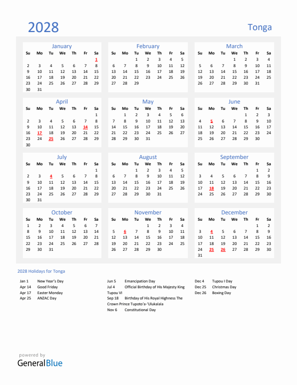Basic Yearly Calendar with Holidays in Tonga for 2028 