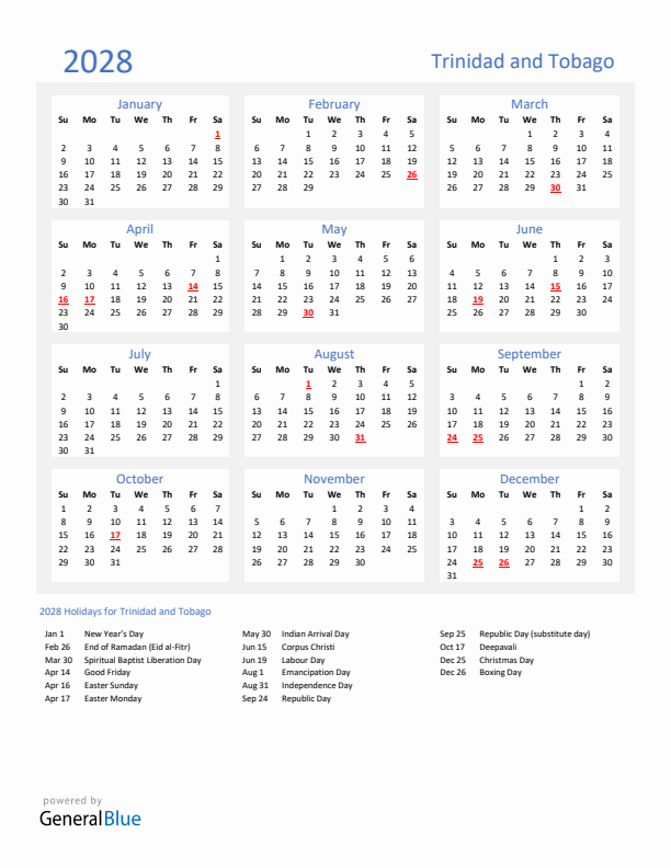 Basic Yearly Calendar with Holidays in Trinidad and Tobago for 2028 