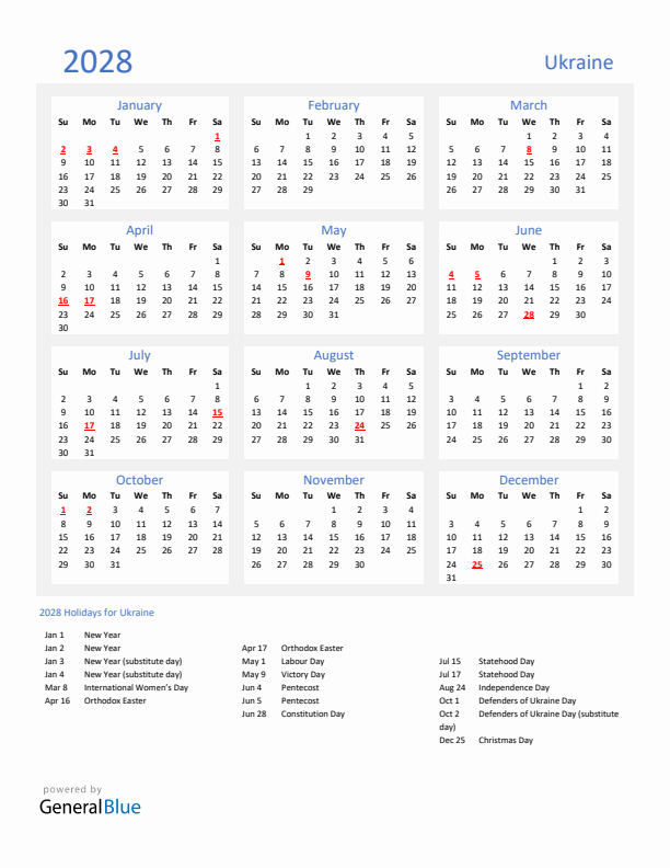 Basic Yearly Calendar with Holidays in Ukraine for 2028