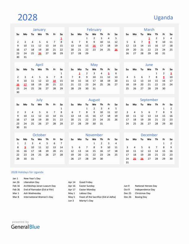 Basic Yearly Calendar with Holidays in Uganda for 2028