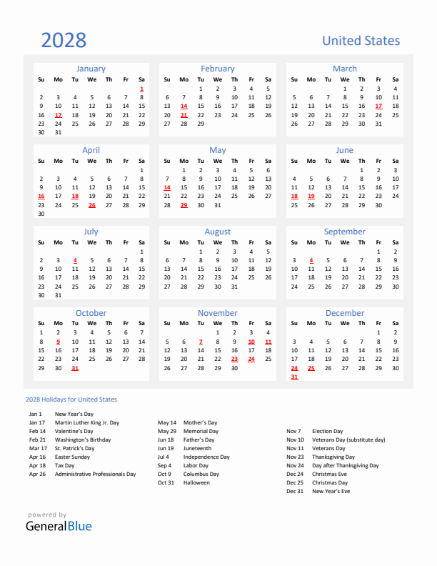 Basic Yearly Calendar with Holidays in United States for 2028