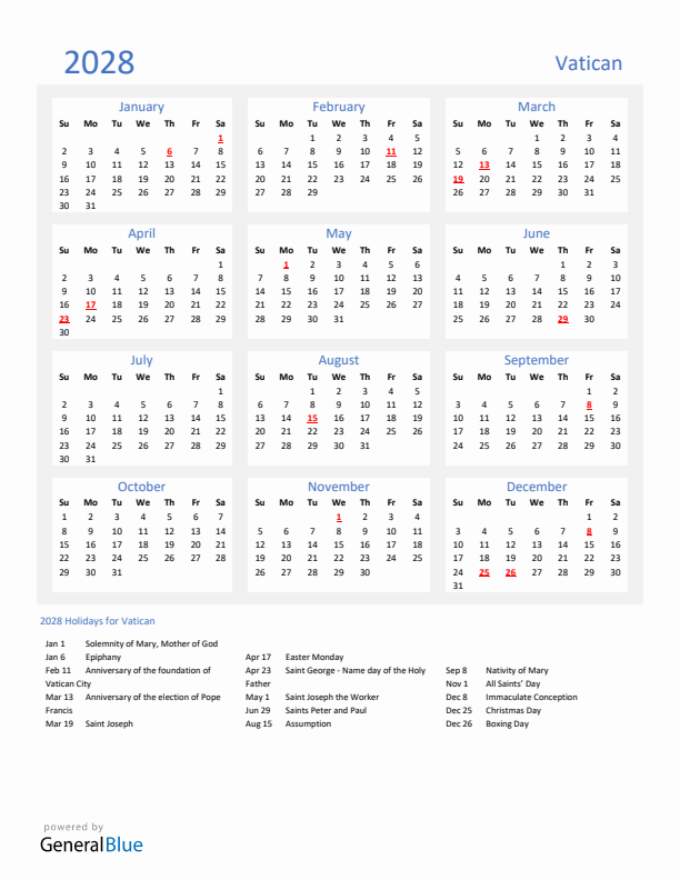 Basic Yearly Calendar with Holidays in Vatican for 2028