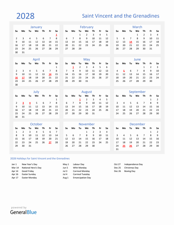 Basic Yearly Calendar with Holidays in Saint Vincent and the Grenadines for 2028 