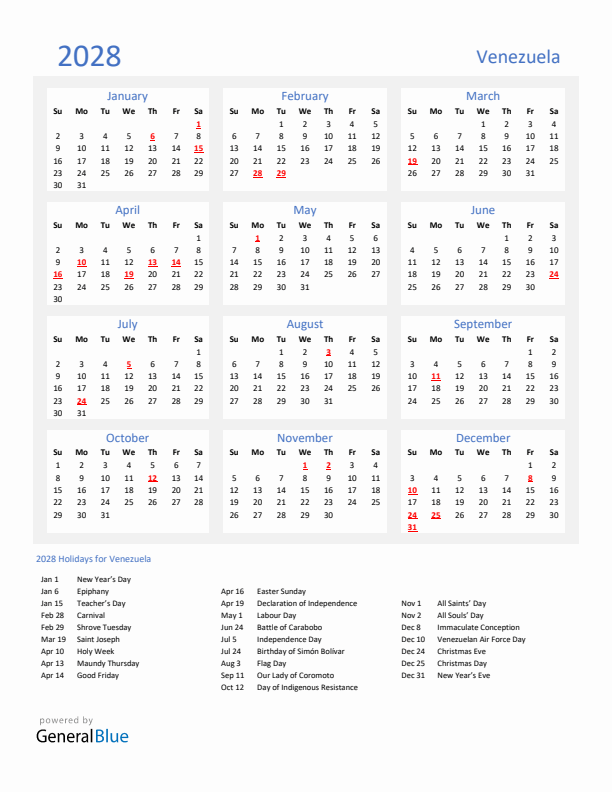 Basic Yearly Calendar with Holidays in Venezuela for 2028