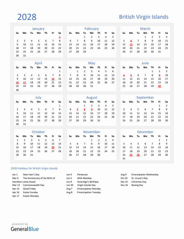 Basic Yearly Calendar with Holidays in British Virgin Islands for 2028 