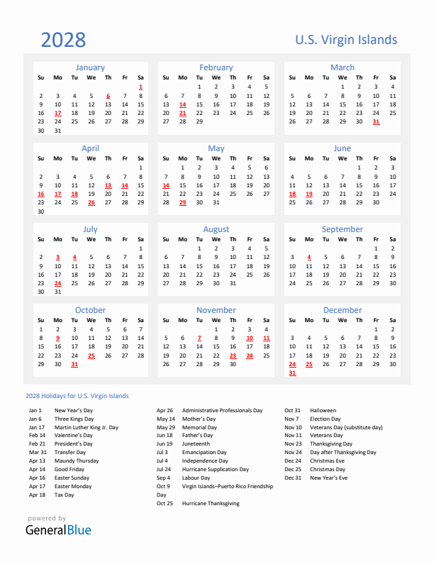 Basic Yearly Calendar with Holidays in U.S. Virgin Islands for 2028 