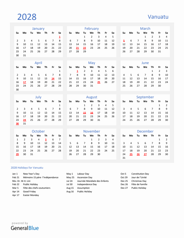 Basic Yearly Calendar with Holidays in Vanuatu for 2028 