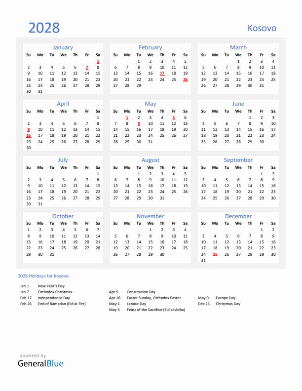 Basic Yearly Calendar with Holidays in Kosovo for 2028