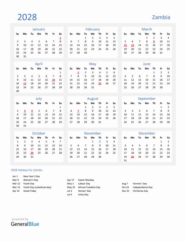Basic Yearly Calendar with Holidays in Zambia for 2028