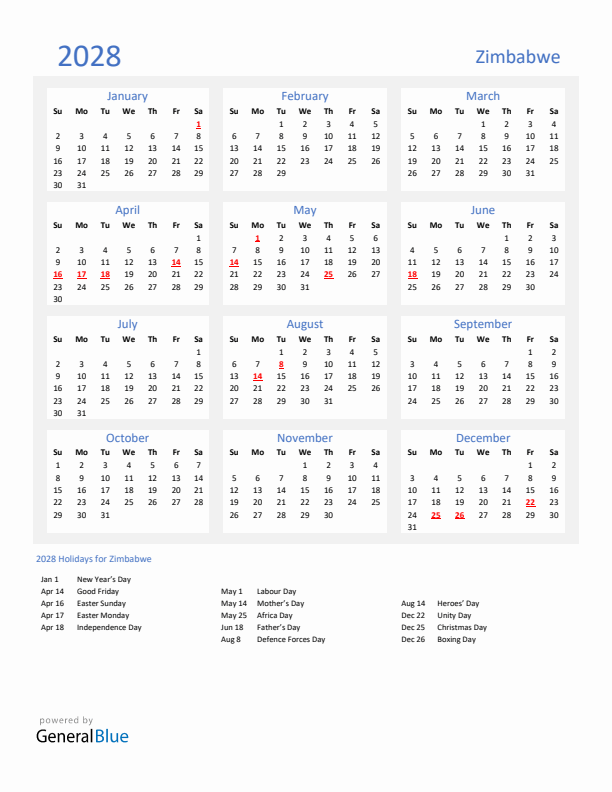 Basic Yearly Calendar with Holidays in Zimbabwe for 2028
