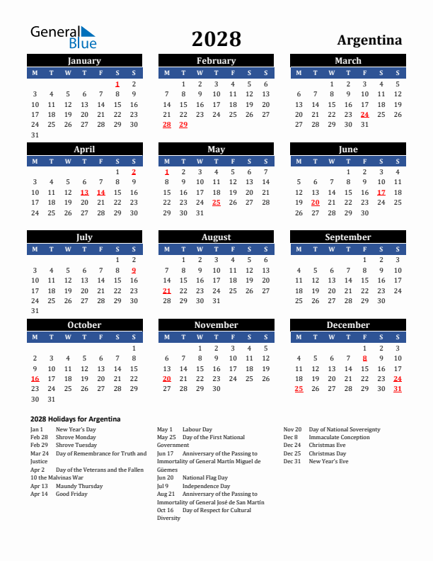 2028 Argentina Holiday Calendar