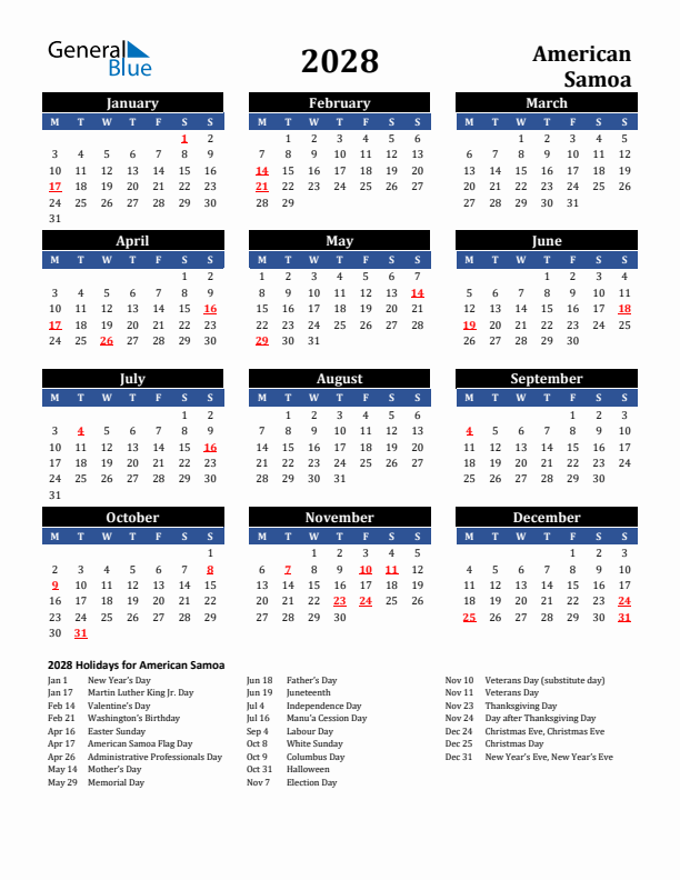 2028 American Samoa Holiday Calendar