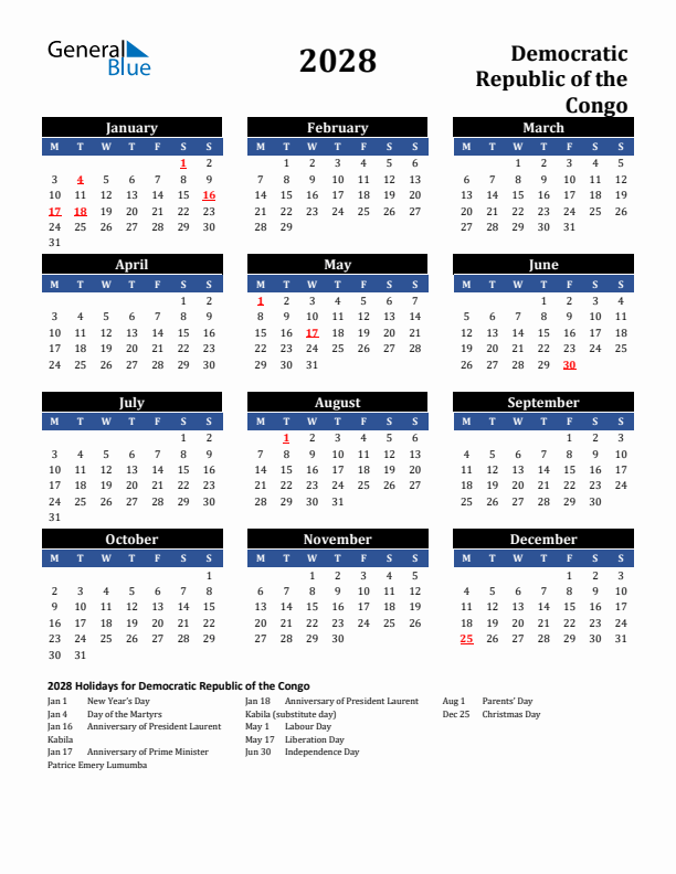 2028 Democratic Republic of the Congo Holiday Calendar