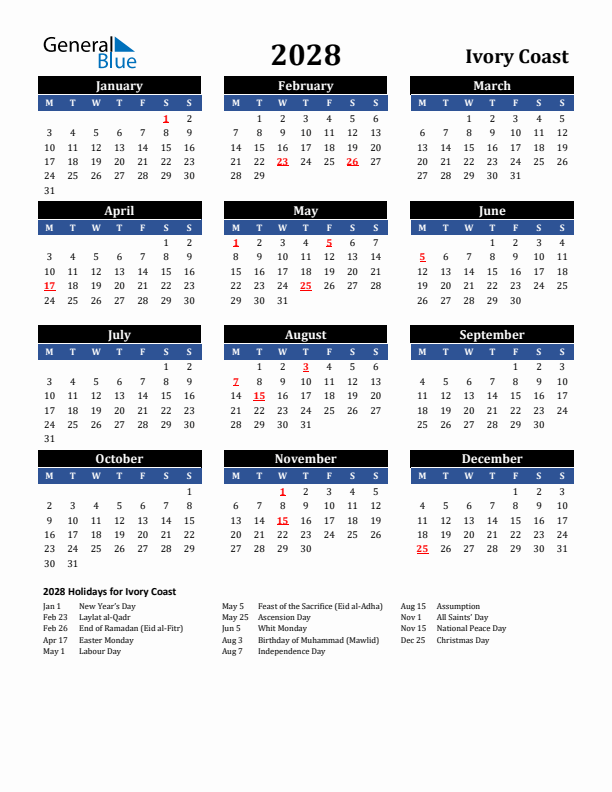 2028 Ivory Coast Holiday Calendar