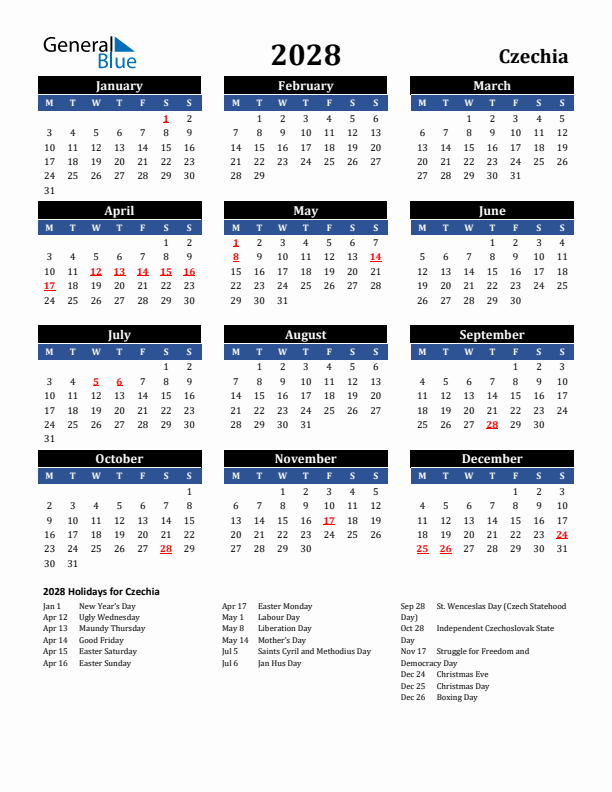 2028 Czechia Holiday Calendar