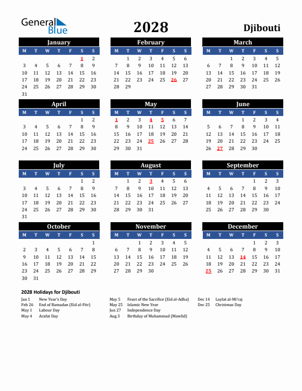 2028 Djibouti Holiday Calendar